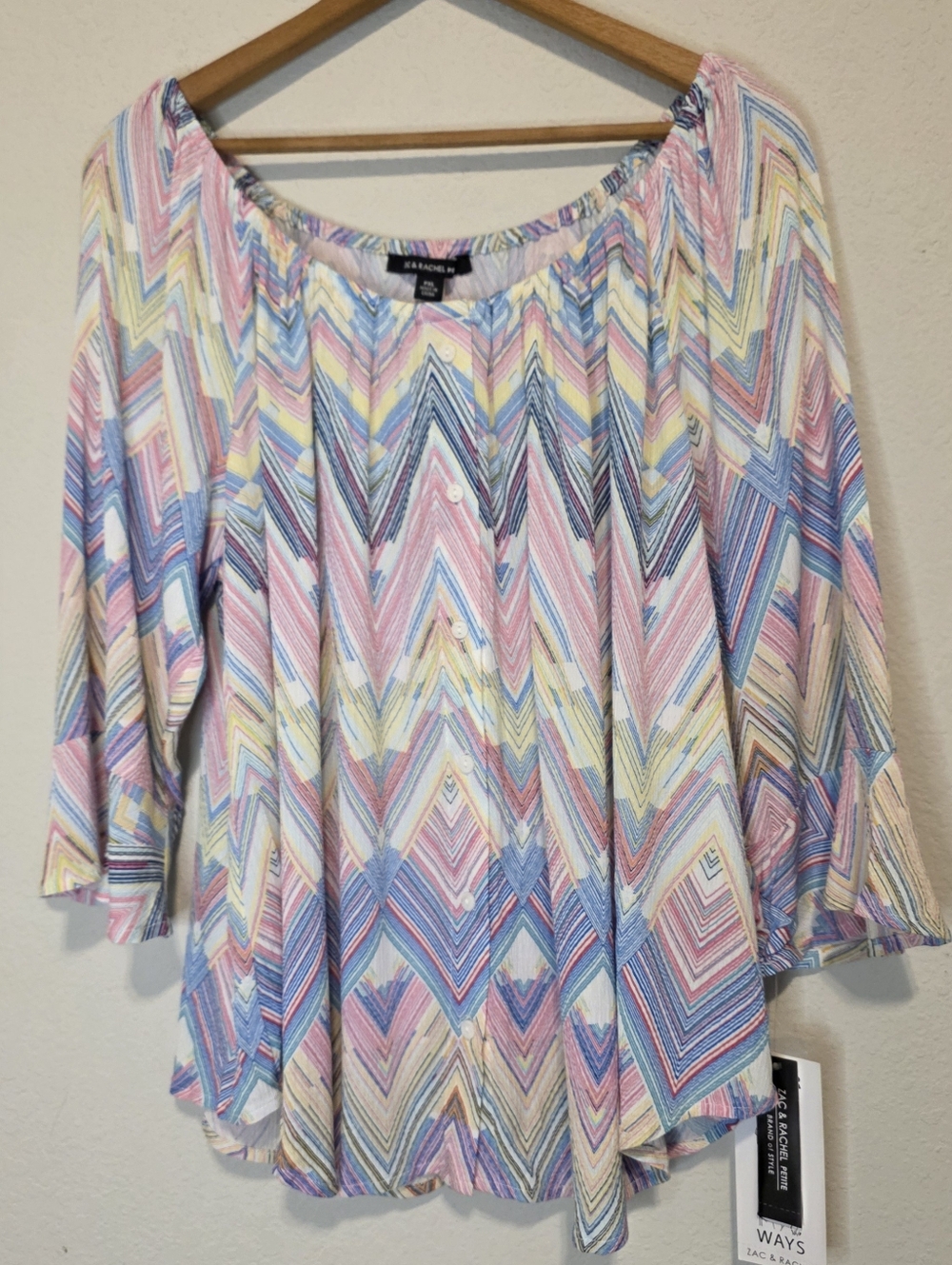 NWT Zac & Rachel Chevron Top Bell Sleeve Cottage Fairy Peasant Coastal Size PXL